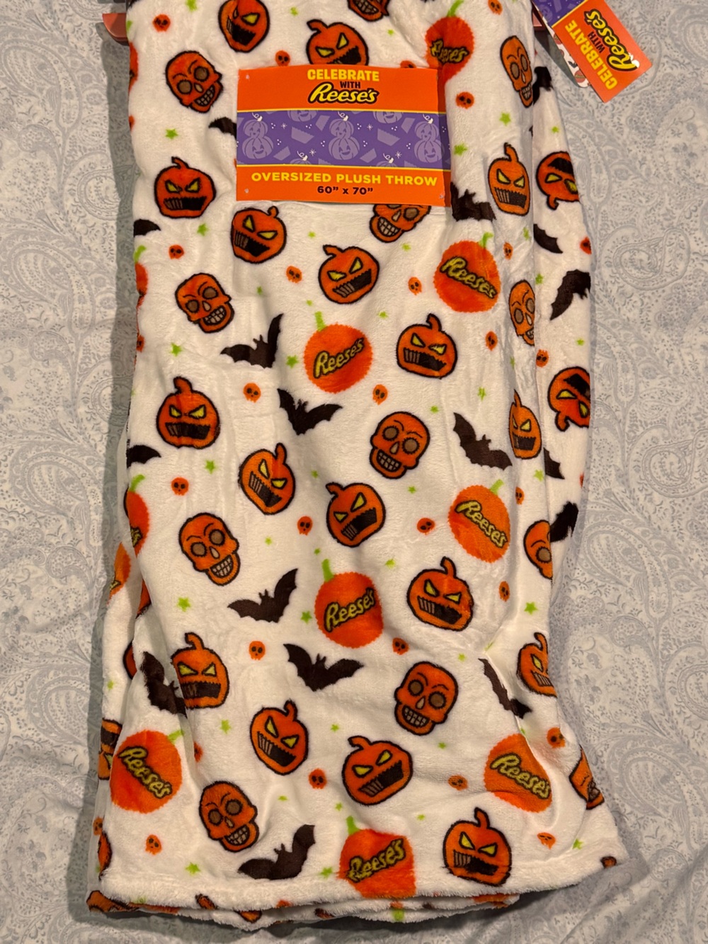 Reeses PB Pumpkins, Skulls & Bats Halloween Plush Oversized 60x70 Throw Blanket